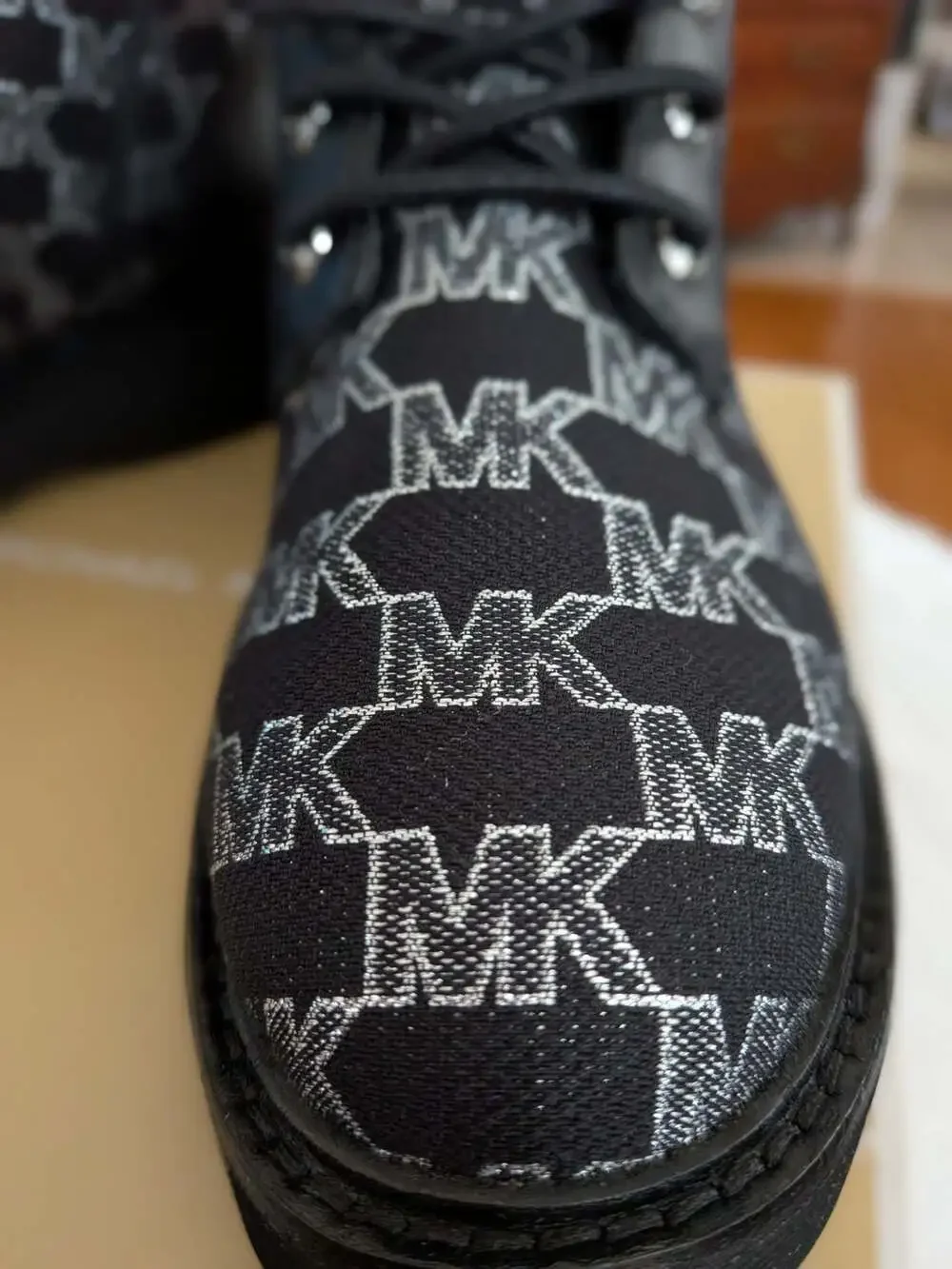 Michael Kors Trudy Bootie Met MK Outline JQD Lace Up Boot Black Size 6.5M